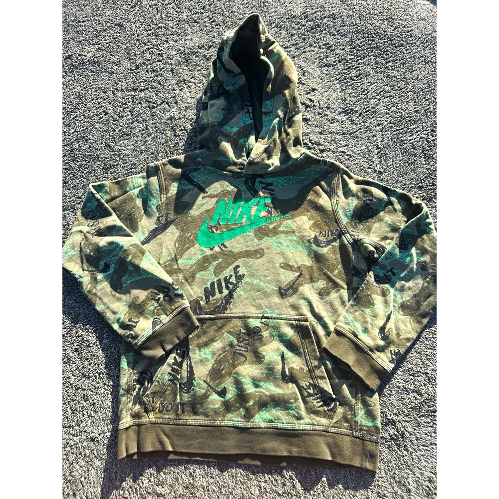 Nike Camo Hoodie Youth L Green Swoosh Just Do It All Over Print Pullover